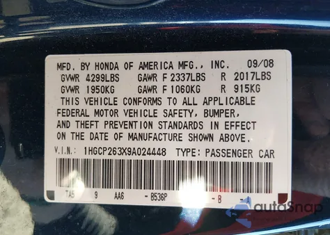 2009 Honda Accord 2.4 Lx z USA, uszkodzony, nr VIN 1HGCP263X9A024448